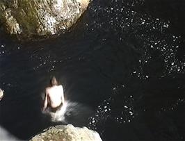 Tom takes the plunge into the River Llugwy at Pont-y-Pair Bridge, Betws-y-Coed
